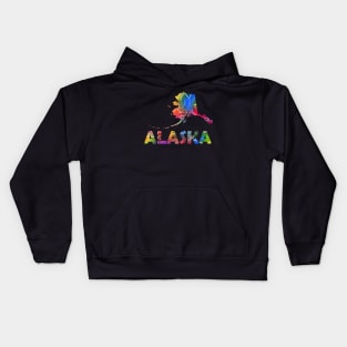 Colorful mandala art map of Alaska with text in multicolor pattern Kids Hoodie